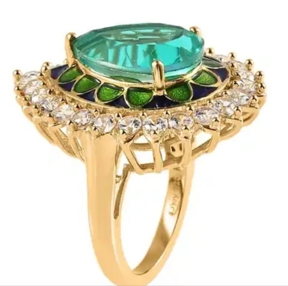 Peacock Quartz Triplet and White Zircon Enameled Halo Ring - Picture 4 of 6